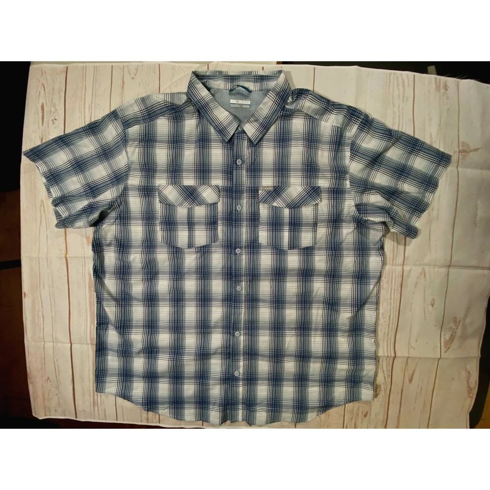 Columbia Sportswear Men's SS Button Down Shirt Big large XXL Blue plaid Poly